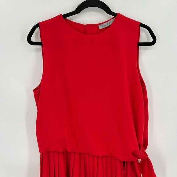 MARELLA Red Sleeveless Blouson Pleated Side Tie Button Back Midi Dress Size 8 - Picture 5 of 9